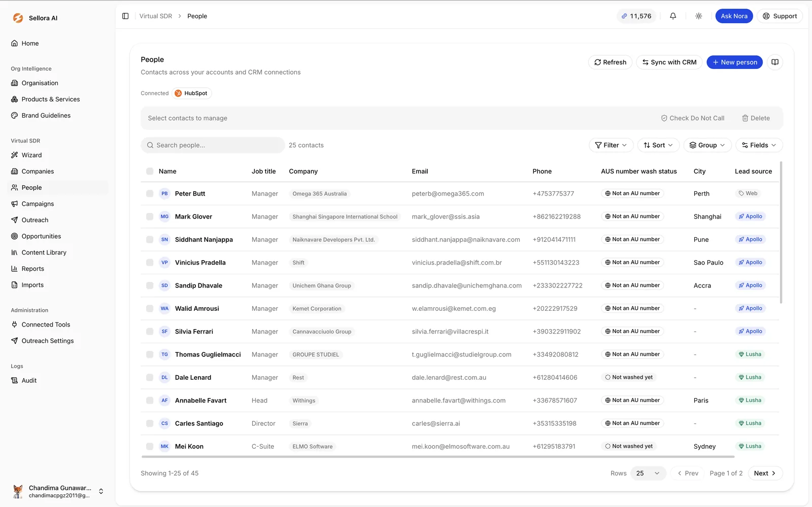 Sellora contact list synced from HubSpot, showing wash status and lead source per contact